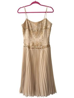 1001 Nights Beaded Champagne Pleated Spaghetti Strap Dress Size 8